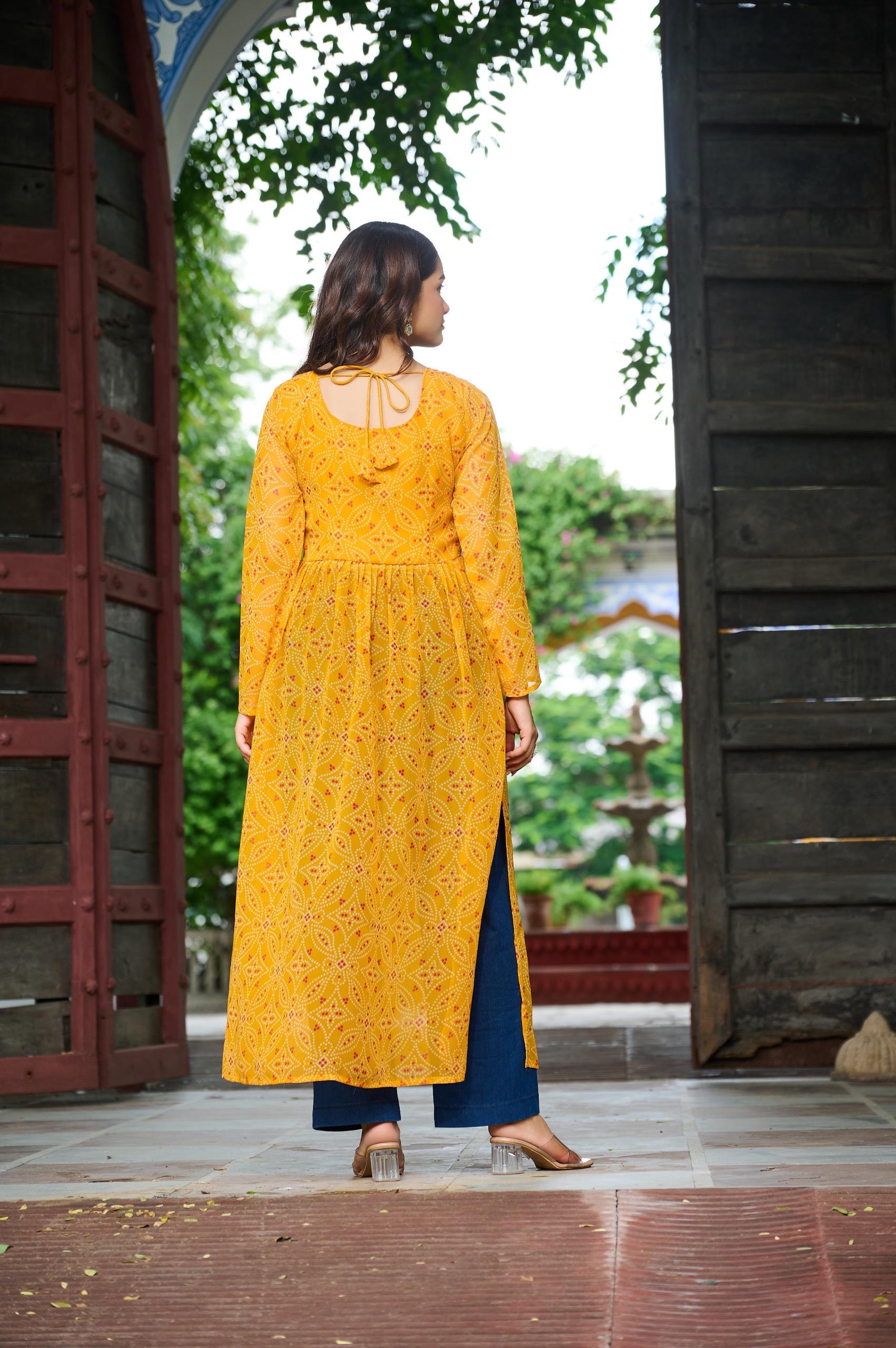 Prazu Fashion Yellow Georgette Bandhej Print With Kutchi Patchwork Kurti For Navratri