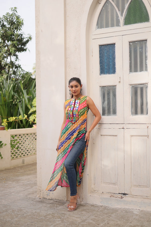 Prazu Fashion Multi Georgette Kutchi Gamthi Mirror Codi Work Kurti For Navratri