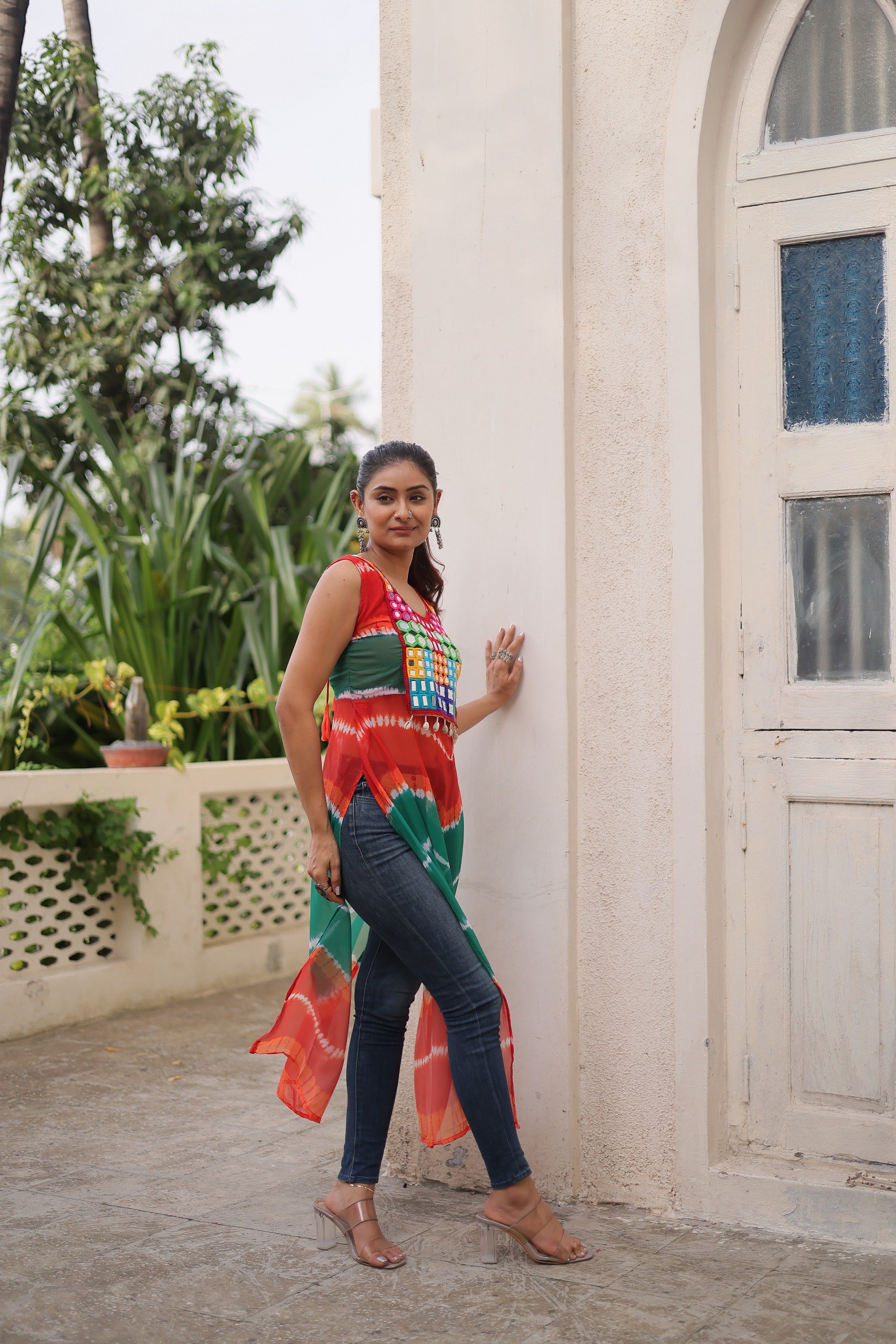 Prazu Fashion Orange Georgette Kutchi Gamthi Mirror Codi Work Kurti For Navratri