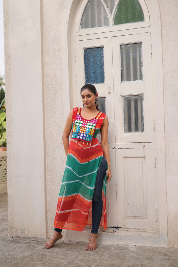 Prazu Fashion Orange Georgette Kutchi Gamthi Mirror Codi Work Kurti For Navratri