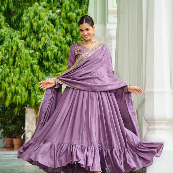 Prazu Fashion Lavender Vichitra Silk Rich Embroidered Zari & Thread Work Gown With Dupatta