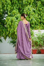 Thumbnail for Prazu Fashion Lavender Vichitra Silk Rich Embroidered Zari & Thread Work Gown With Dupatta
