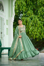 Thumbnail for Prazu Fashion Pista Green Vichitra Silk Rich Embroidered Zari & Thread Work Gown With Dupatta