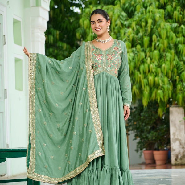 Prazu Fashion Pista Green Vichitra Silk Rich Embroidered Zari & Thread Work Gown With Dupatta