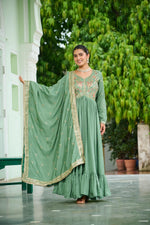 Thumbnail for Prazu Fashion Pista Green Vichitra Silk Rich Embroidered Zari & Thread Work Gown With Dupatta