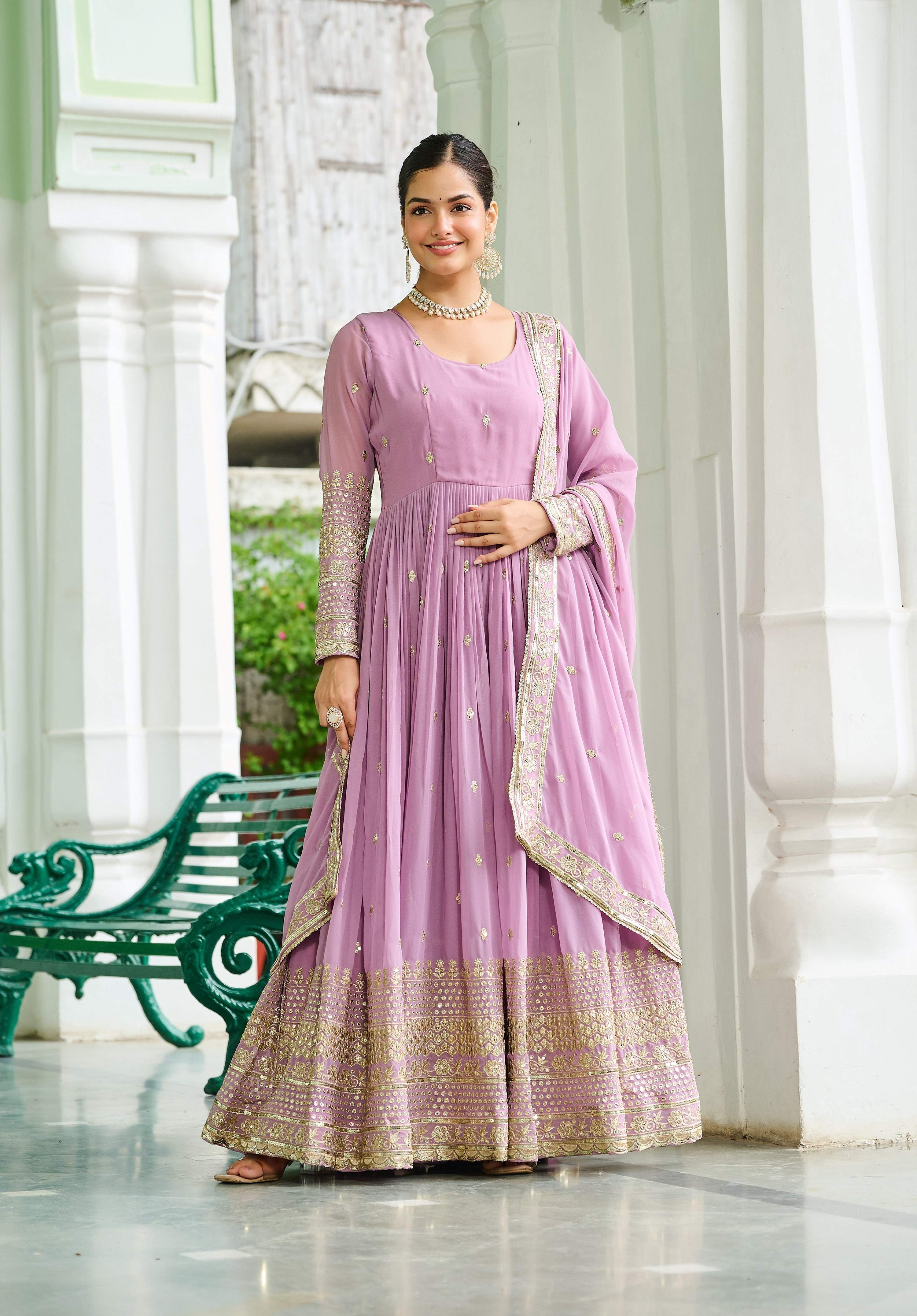 Vedant Vastram Georgette Embroidery & Sequence Work Stitched Ethnic Gown-Pink