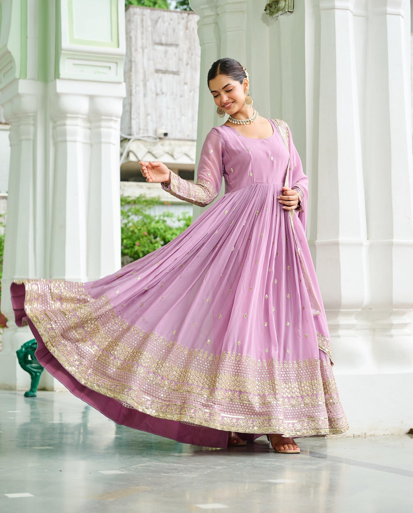 Vedant Vastram Georgette Embroidery & Sequence Work Stitched Ethnic Gown-Pink - Distacart