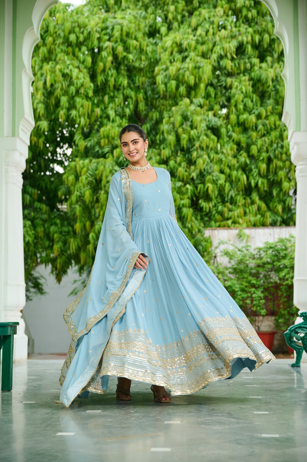 Prazu Fashion Light Lavender Georgette Embroidered Gown With Dupatta