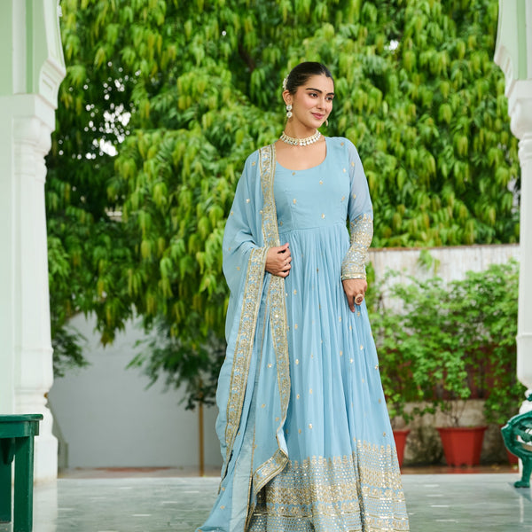 Prazu Fashion Light Lavender Georgette Embroidered Gown With Dupatta - Distacart