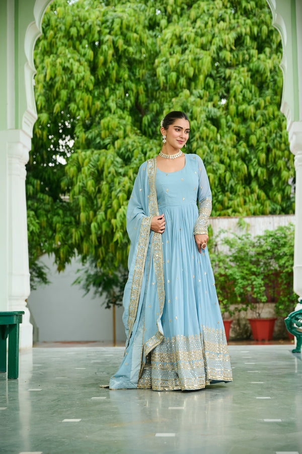 Prazu Fashion Light Lavender Georgette Embroidered Gown With Dupatta