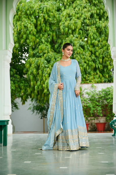 Prazu Fashion Light Lavender Georgette Embroidered Gown With Dupatta