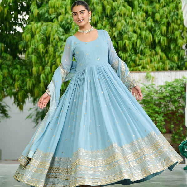 Vedant Vastram Georgette Embroidery & Sequence Work Stitched Ethnic Gown-Sky Blue - Distacart