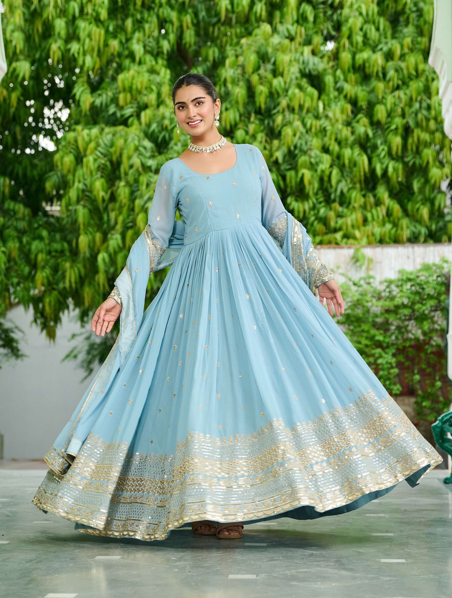 Vedant Vastram Georgette Embroidery & Sequence Work Stitched Ethnic Gown-Sky Blue - Distacart