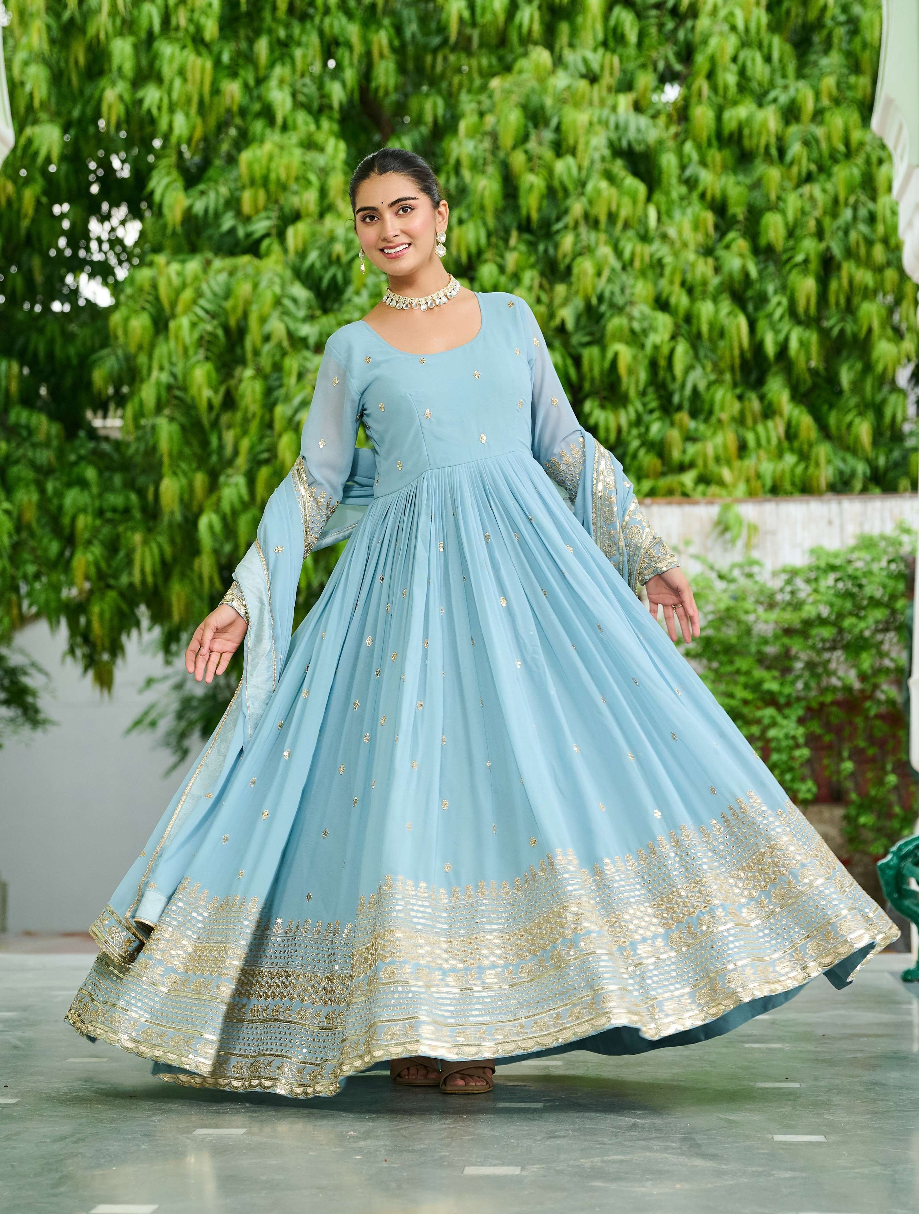 Vedant Vastram Georgette Embroidery & Sequence Work Stitched Ethnic Gown-Sky Blue