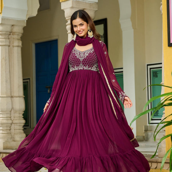 Prazu Fashion Wine Faux Georgette With Beads Embroidery-Work Gown With Dupatta