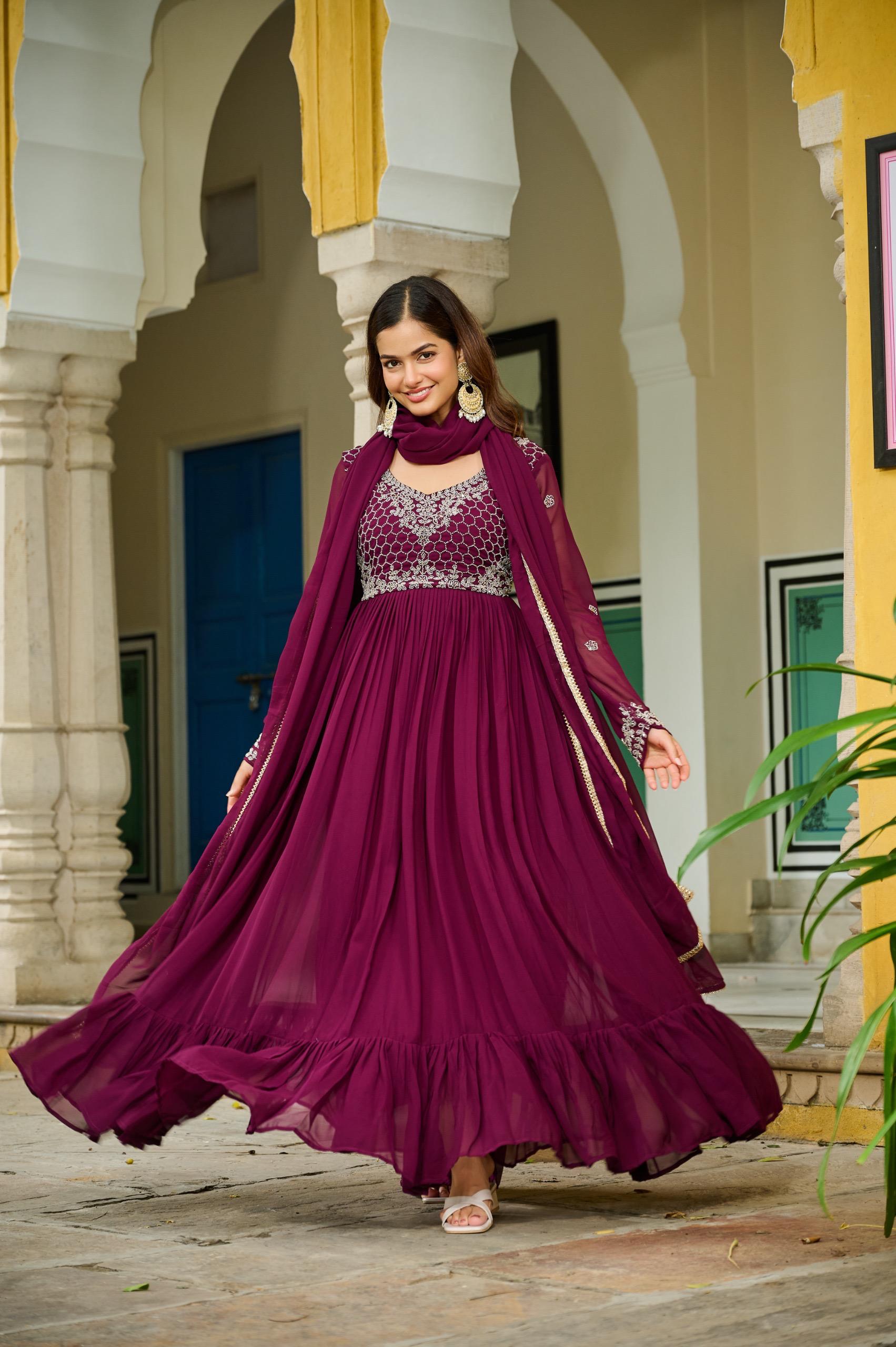 Prazu Fashion Wine Faux Georgette With Beads Embroidery-Work Gown With Dupatta - Distacart
