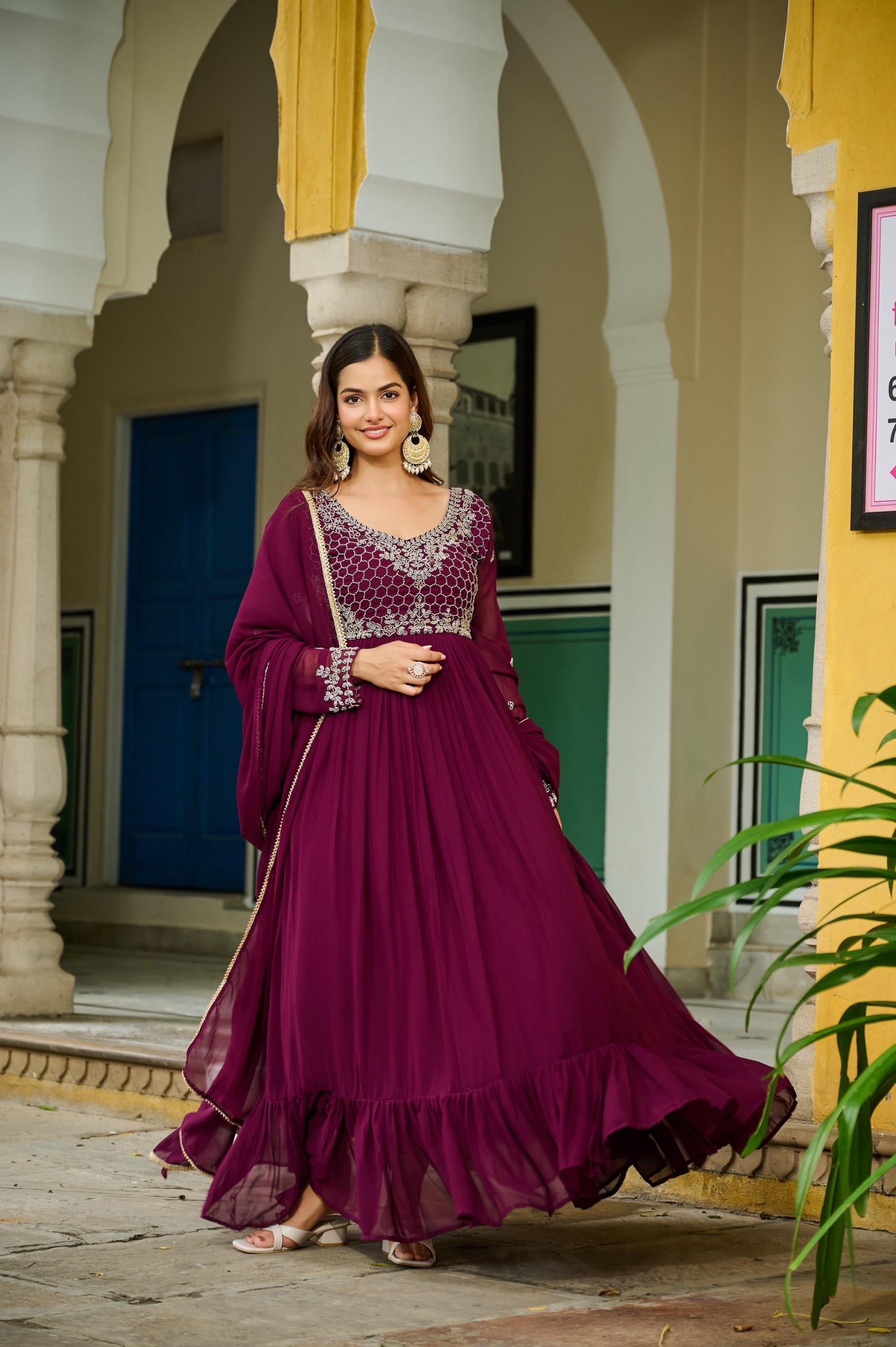 Prazu Fashion Wine Faux Georgette With Beads Embroidery-Work Gown With Dupatta - Distacart
