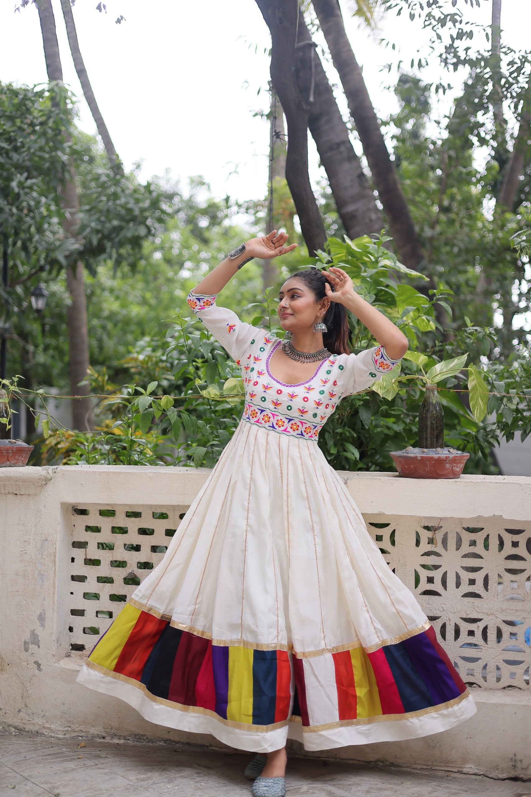 Prazu Fashion Off White Roman Multicolour Thread Work & Gota Lace Gown For Navratri - Distacart