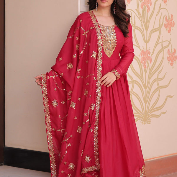 Vedant Vastram Georgette Embroidery & Sequence Work Stitched Ethnic Gown-Pink