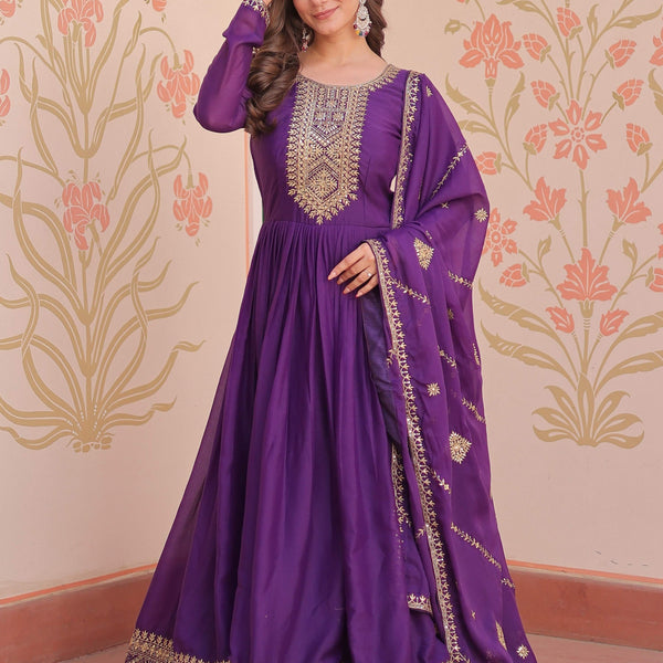 Vedant Vastram Georgette Embroidery & Sequence Work Stitched Ethnic Gown-Purple