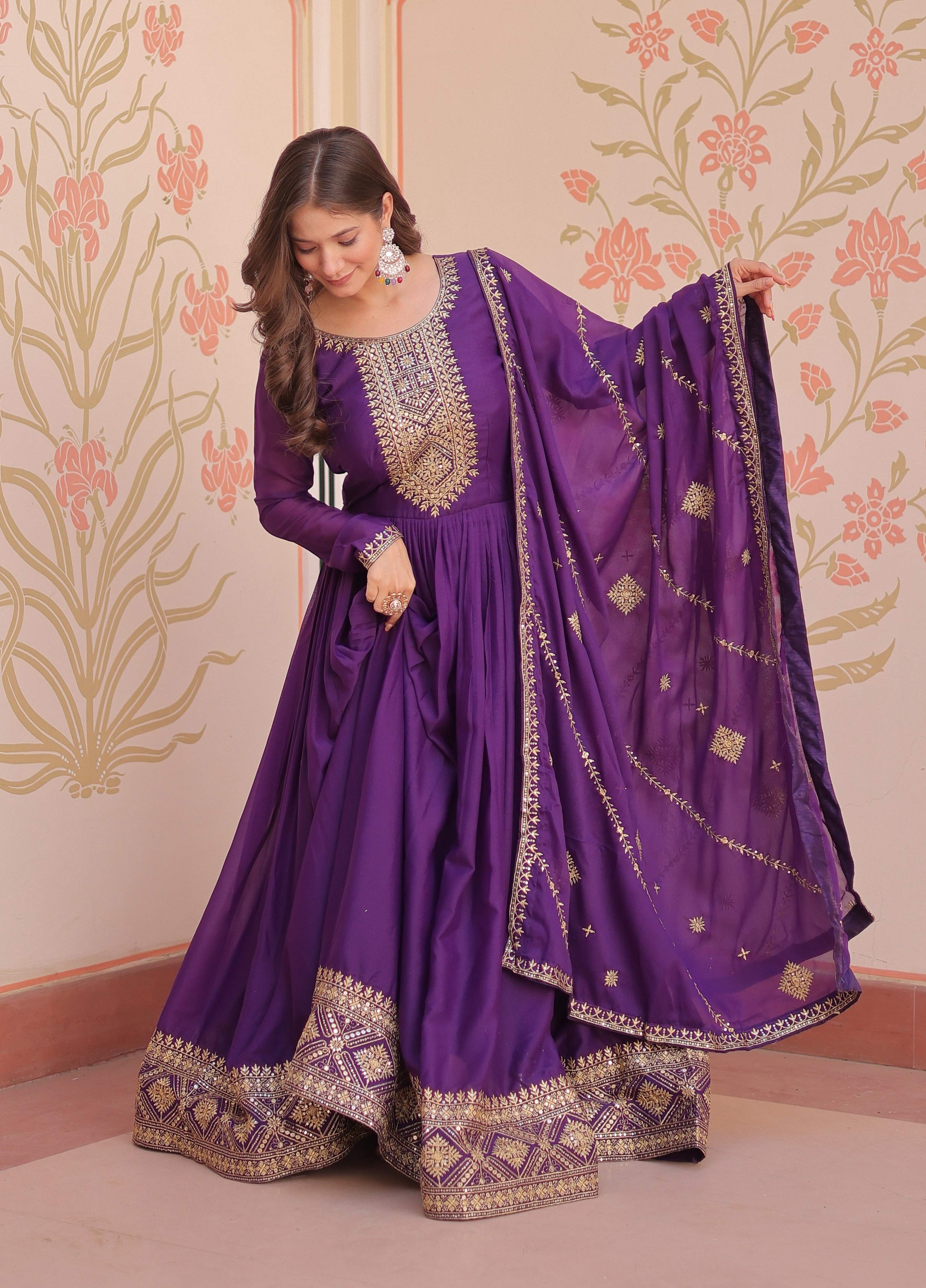 Vedant Vastram Georgette Embroidery & Sequence Work Stitched Ethnic Gown-Purple