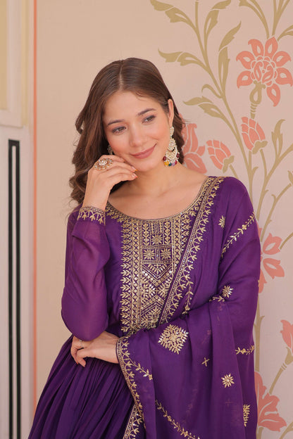 Vedant Vastram Georgette Embroidery & Sequence Work Stitched Ethnic Gown-Purple - Distacart