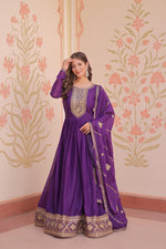 Thumbnail for Prazu Fashion Purple Georgette With Zari & Sequins Embroidered Work Gown With Dupatta