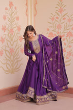 Thumbnail for Prazu Fashion Purple Georgette With Zari & Sequins Embroidered Work Gown With Dupatta
