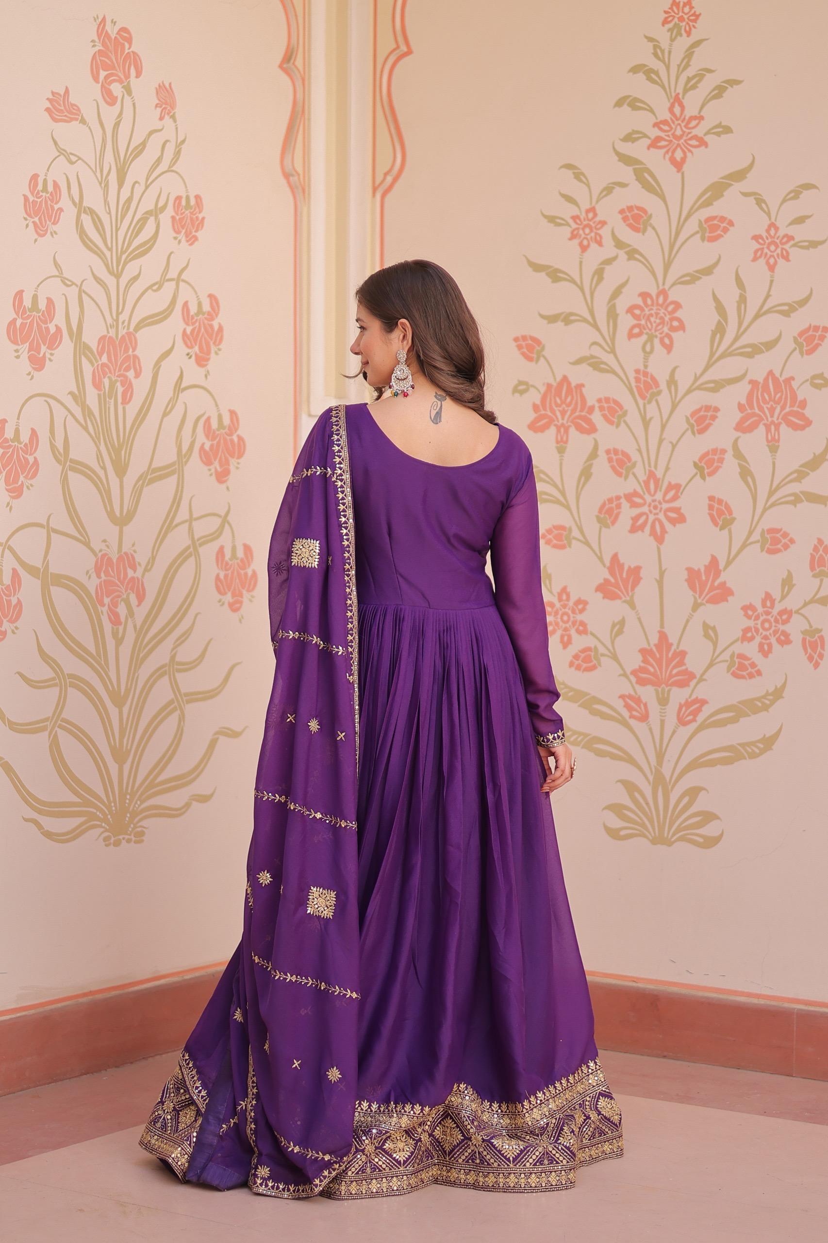 Prazu Fashion Purple Georgette With Zari & Sequins Embroidered Work Gown With Dupatta
