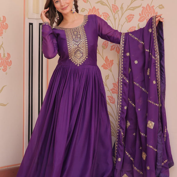 Prazu Fashion Purple Georgette With Zari & Sequins Embroidered Work Gown With Dupatta