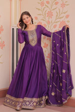 Thumbnail for Prazu Fashion Purple Georgette With Zari & Sequins Embroidered Work Gown With Dupatta