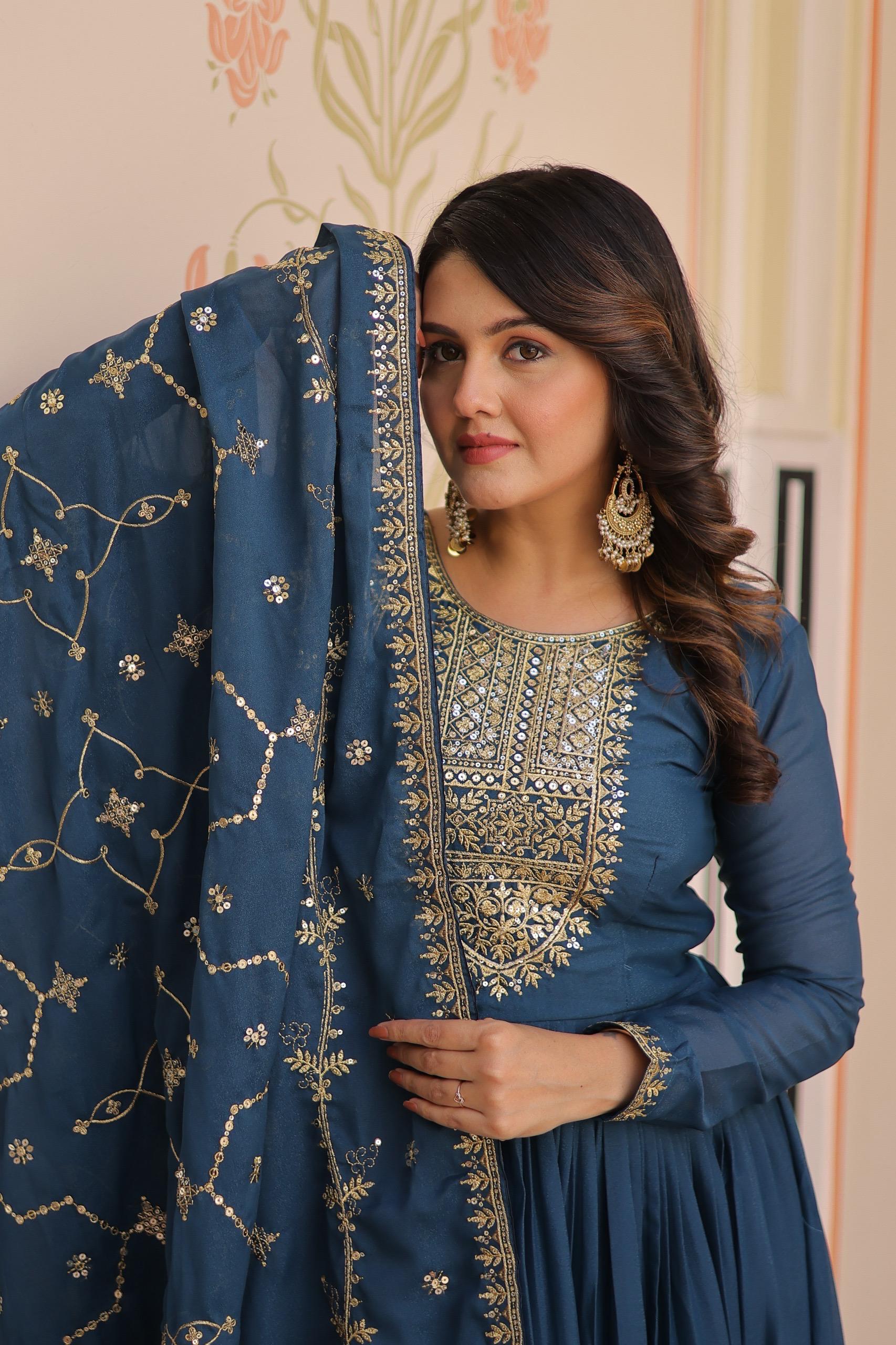 Prazu Fashion Rama Georgette With Zari & Sequins Embroidered Work Gown With Dupatta - Distacart