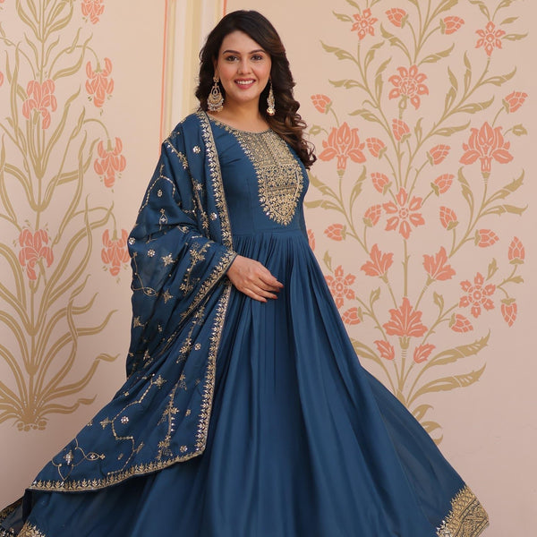 Prazu Fashion Rama Georgette With Zari & Sequins Embroidered Work Gown With Dupatta