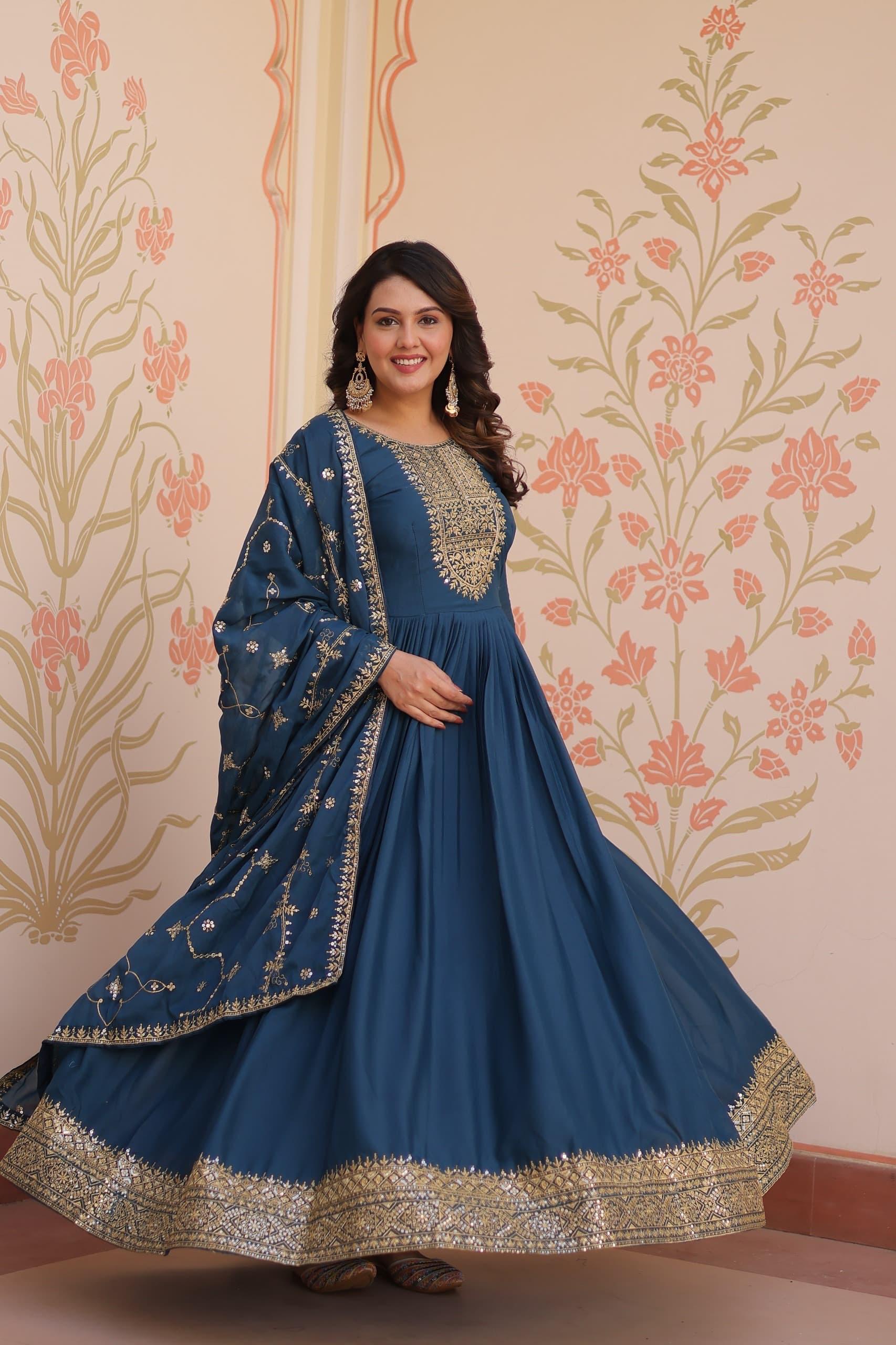 Prazu Fashion Rama Georgette With Zari & Sequins Embroidered Work Gown With Dupatta