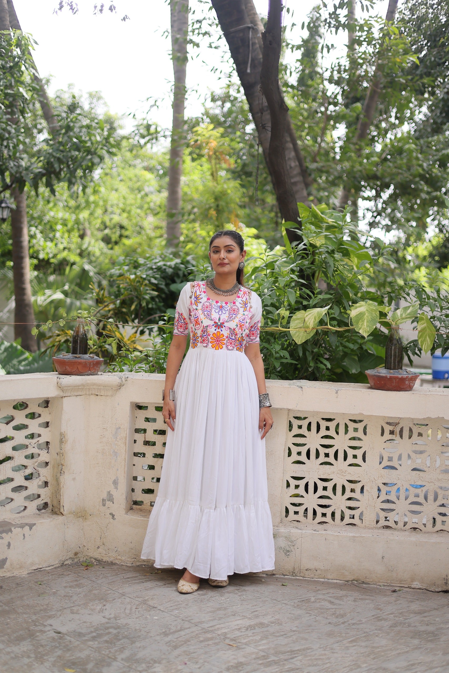 Prazu Fashion Off White Rayon With Kutchi Gamthi Embroidered Gown For Navratri - Distacart