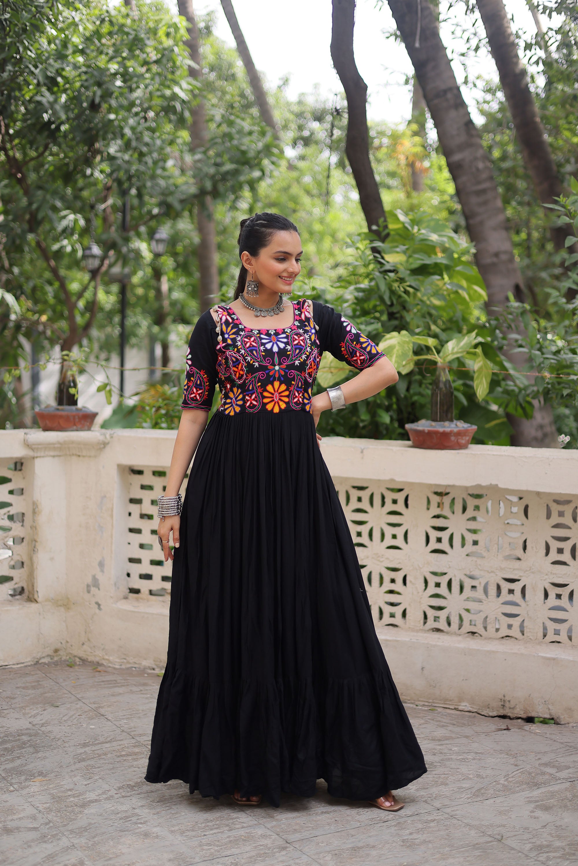Lorenvalley Fashion Black Rayon with Kutchi Gamthi Embroidered Thread Work Gown