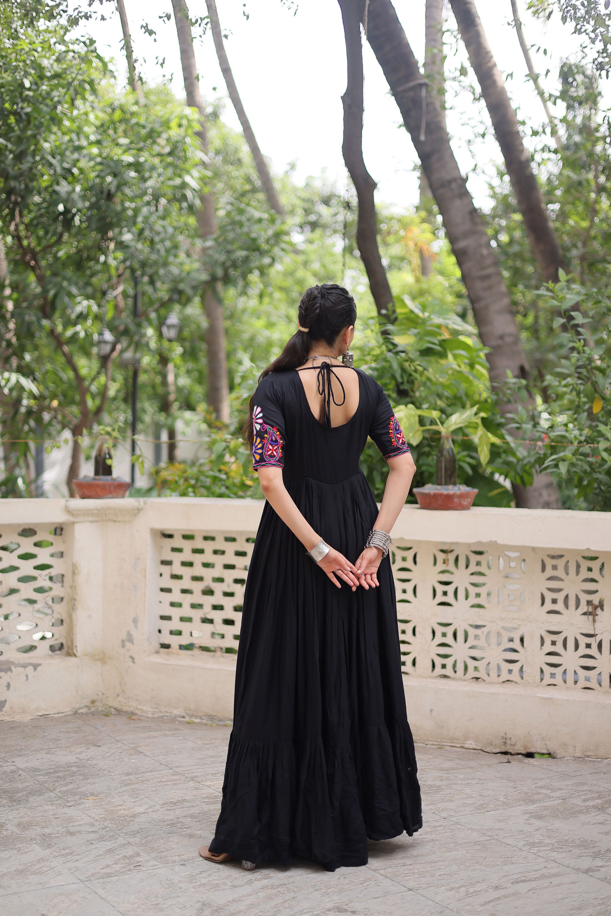 Lorenvalley Fashion Black Rayon with Kutchi Gamthi Embroidered Thread Work Gown
