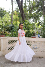 Thumbnail for Lorenvalley Fashion White Rayon with Kutchi Gamthi Embroidered Thread Work Gown