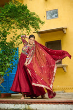 Thumbnail for Prazu Fashion Maroon Vichitra Silk Multi Thread & Embroidered Work Gown With Dupatta - Distacart