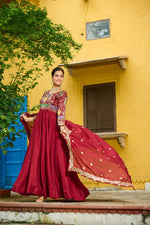 Thumbnail for Prazu Fashion Maroon Vichitra Silk Multi Thread & Embroidered Work Gown With Dupatta - Distacart