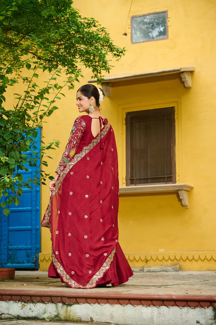 Prazu Fashion Maroon Vichitra Silk Multi Thread & Embroidered Work Gown With Dupatta - Distacart