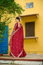 Thumbnail for Prazu Fashion Maroon Vichitra Silk Multi Thread & Embroidered Work Gown With Dupatta - Distacart