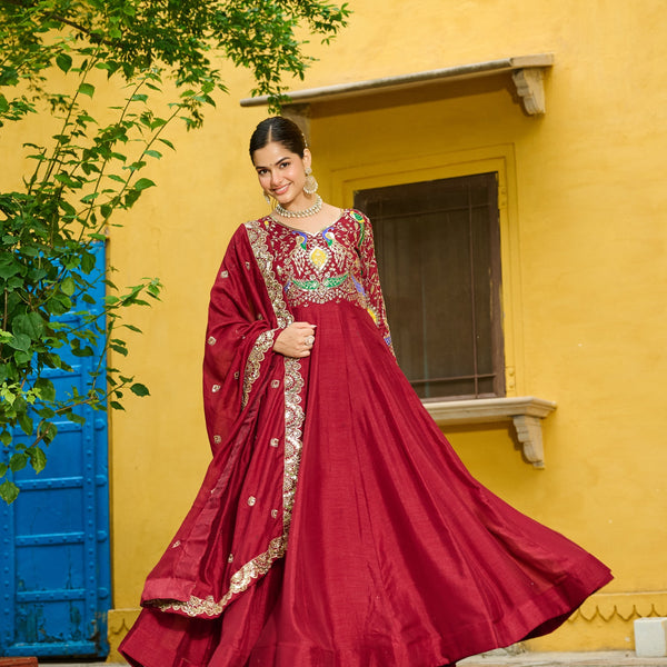 Prazu Fashion Maroon Vichitra Silk Multi Thread & Embroidered Work Gown With Dupatta - Distacart