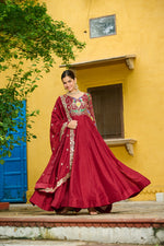 Thumbnail for Prazu Fashion Maroon Vichitra Silk Multi Thread & Embroidered Work Gown With Dupatta - Distacart
