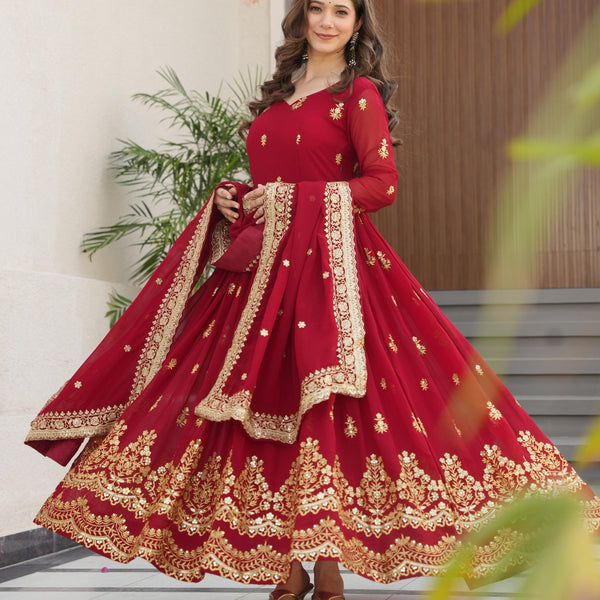 Vedant Vastram Georgette Embroidery & Sequence Work Stitched Ethnic Gown-Maroon