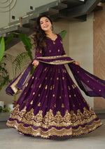 Thumbnail for Vedant Vastram Georgette Embroidery & Sequence Work Stitched Ethnic Gown-Purple - Distacart