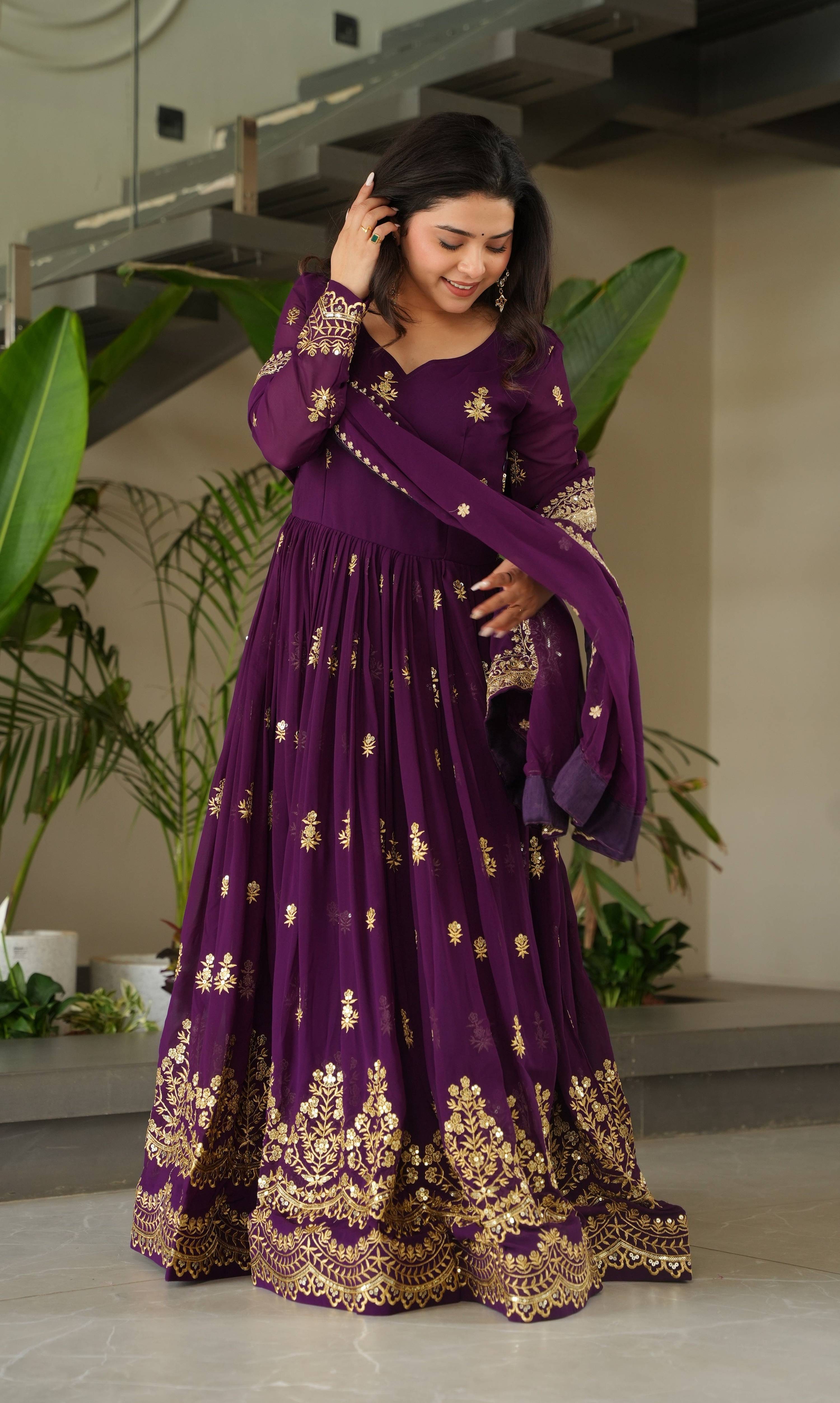 Vedant Vastram Georgette Embroidery & Sequence Work Stitched Ethnic Gown-Purple