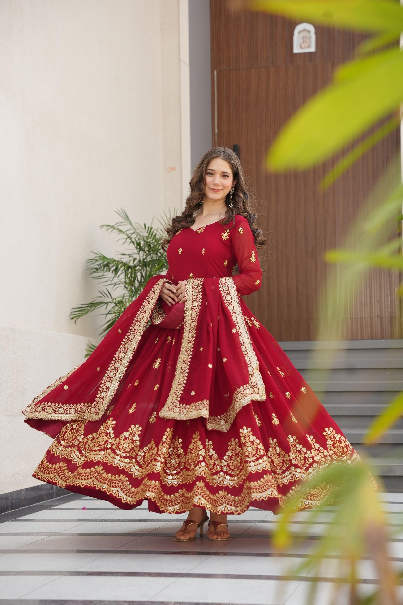 Prazu Fashion Maroon Georgette With Rich Zari & Sequins Embroidered Gown With Dupatta.