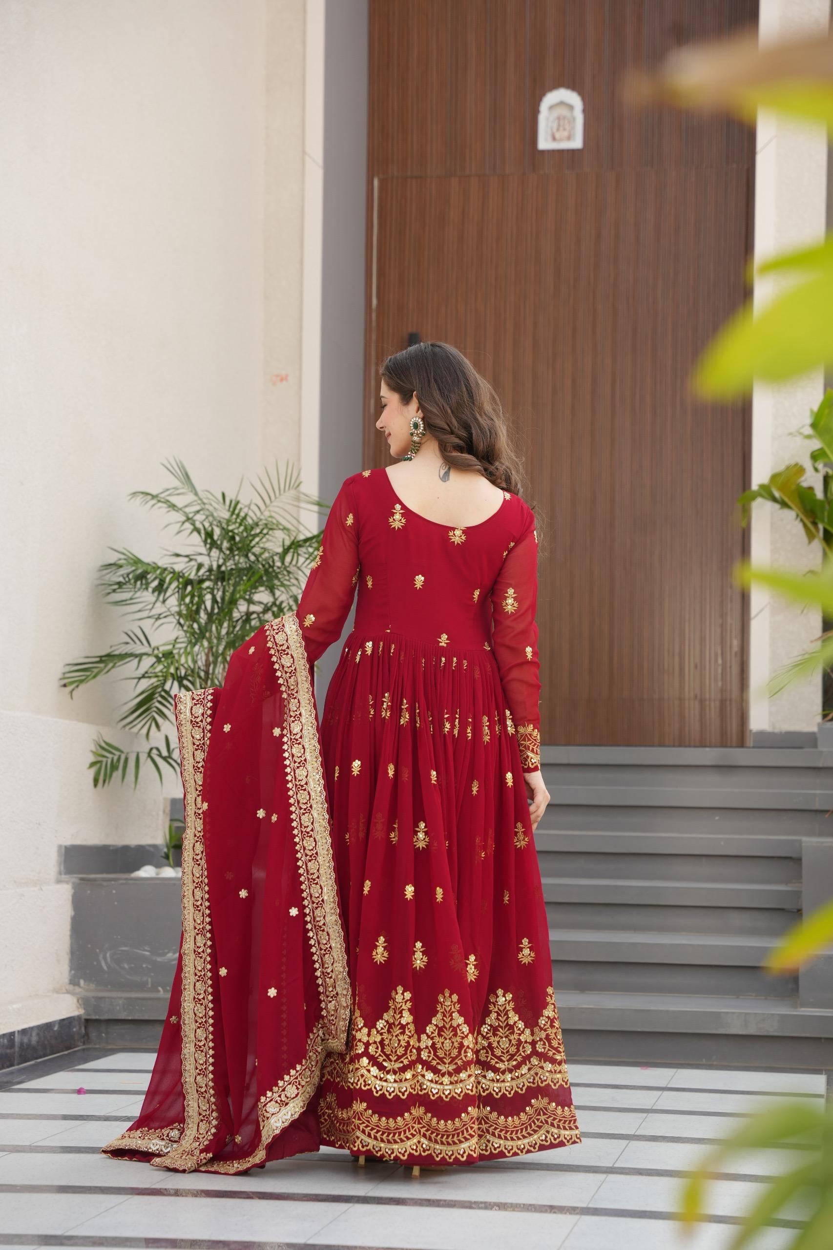 Prazu Fashion Maroon Georgette With Rich Zari & Sequins Embroidered Gown With Dupatta.