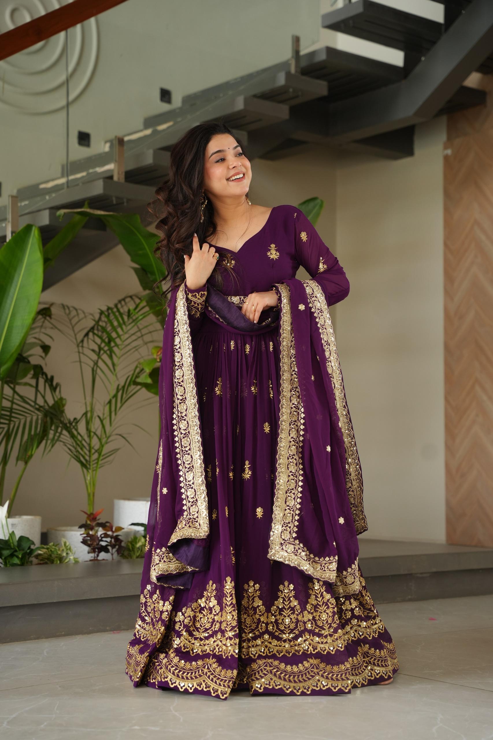 Prazu Fashion Purple Georgette With Rich Zari & Sequins Embroidered Gown With Dupatta.